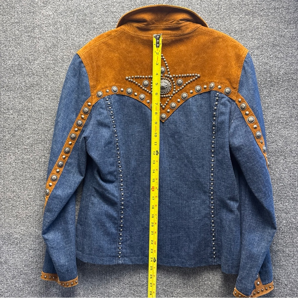 Stunning Cripple Creek Brown Leather Jacket w/ heavy Blue Jean Fabric & Conchos - Picture 15 of 16